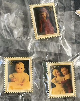 USPS 32 Cent Doll Stamps from 1997 in gold tone lapel pins by Winco-3 different