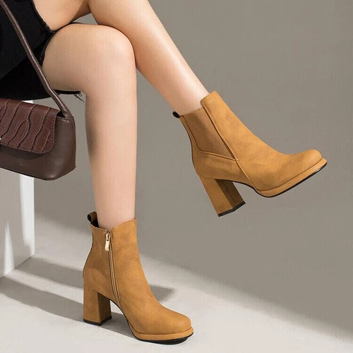 Damen Stiefeletten Mittel Blockabsatz Seitlicher Reißverschluss Chelsea Boots Schuhe - Bild 13 von 28