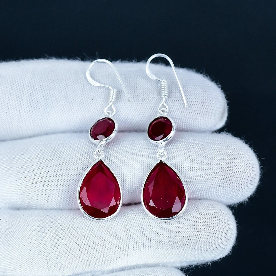 Rosso Rubino Lab-Created Gemma Artigianale Gioielli 925 Argento Orecchini Regalo - Immagine 2 di 4