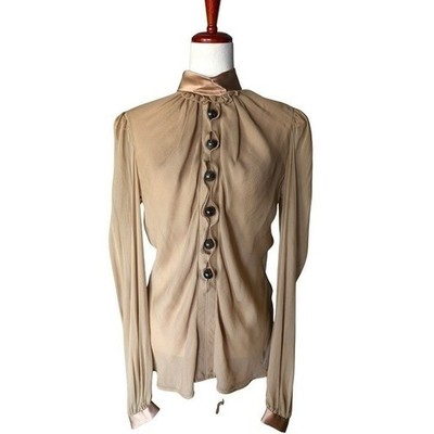 Dolce & Gabbana Tan Silk Chiffon High Neck Ruffle Blouse IT 46 Made in Italy