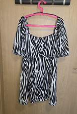 Primark Zebra Print Smock Dress Square Neck Smocked Puff Sleeve Crepe XL