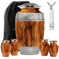 Cremation Urns Set of 6 Hand-Engraved Metallic Wood-Grain  Includes Keepsake