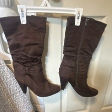 Women s Brown Mid-Calf Boots Side Zip Cone Heel Round Toe Solid