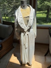 Vintage Miss Dior White Satin Quilted Trim Maxi Robe White with Black Trim,Large