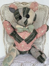 Vintage Handmade Patchwork Quilted Teddy Bear With Bow