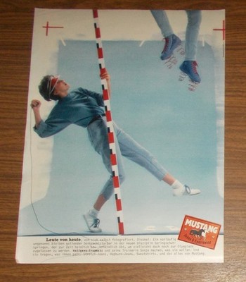 Seltene Werbung vintage MUSTANG Jeans Springschuhspringen 1984
