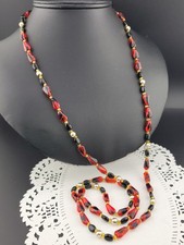 Vintage Red Black Givre Glass bead 40" Necklace Gold Tone Accents