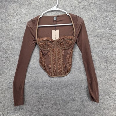 SheIn Blouse Womens XS Brown Cropped Sweetheart Built-In Bra Mesh Party