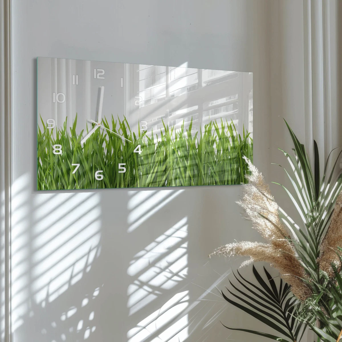 Reloj de Pared Rectangular Horizontal Cristal Templado de Diseño Hierba 60x30 cm