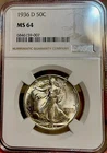 1936-D Walking Liberty Silver Half Dollar-NGC Graded MS64.
