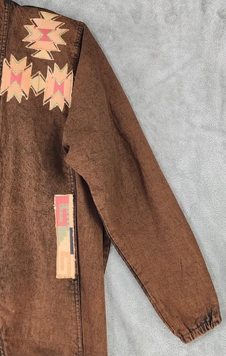 Sundance Denim Jacket Womens Medium Brown Aztec Southwestern Open Front USA - Picture 9 of 10