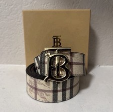 Burberry men's Check Belt Gold-Tone Buckle Designer Beige Black Size 32-34