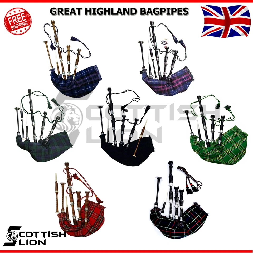 SL GREAT HIGHLAND SCOTTISH BAGPIPES WITH TUTOR BOOK & BAG ROSEWOOD SILVER MOUNTS