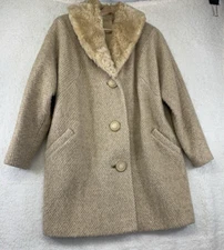 Stroock Women's L  Wool Coat Faux Fur Collar Cream Tweed USA Vintage