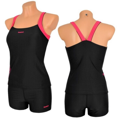 Reebok Tankini 2 Piece Set Swimsuit Bikini Top Hotpants Short Black/Pink 36 S