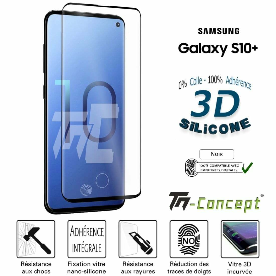 Verre trempé incurvé 3D résout le problème de l'empreinte bloquée sur Samsung S10 Plus Noir