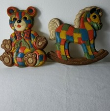 Vtg Foam Craft Teddy Bear Rocking Horse patchwork Nursery Wall Hanging unisex