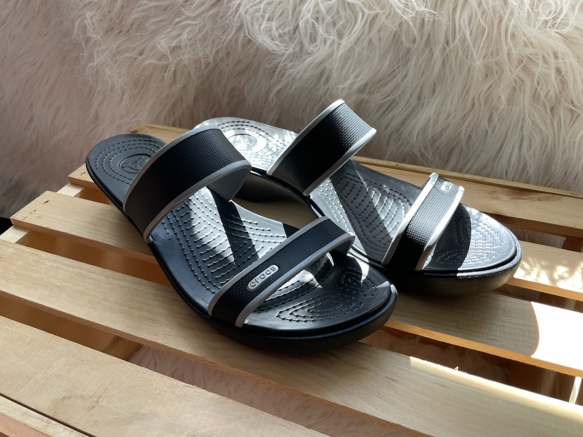 Crocs Black/ Silver Strap Wedge Dress Comfy Heeled Womens Sandal Dressy  Casual