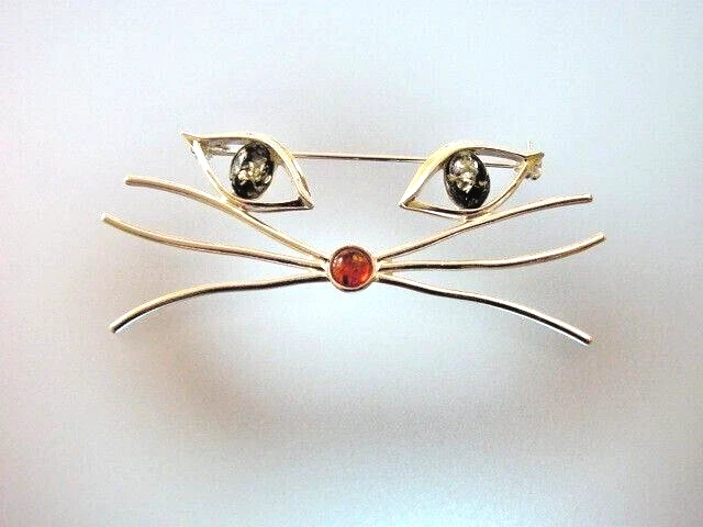 Large Cat Pin with Natural Baltic Amber 925 Sterling Silver 2 3/4 W x 3/4 T
