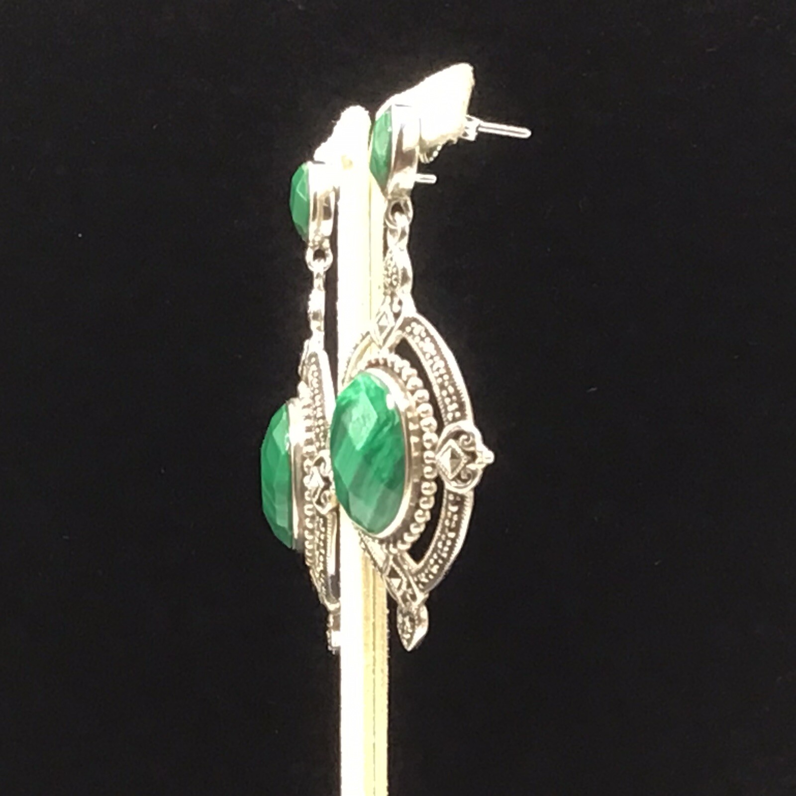 Sterling Silver Large Dangle Malachite Earrings 2” - image 2