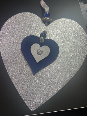Silber Blau Glitzer 4 Schicht Strukturiert Holz Herz - 20cm GROSS Hängeschild Plakette