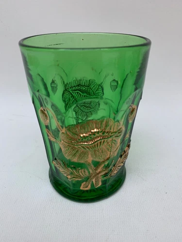 1 Vintage Northwood Green/Gold Oriental Poppy Depression Glass Tumbler 4 1/2”