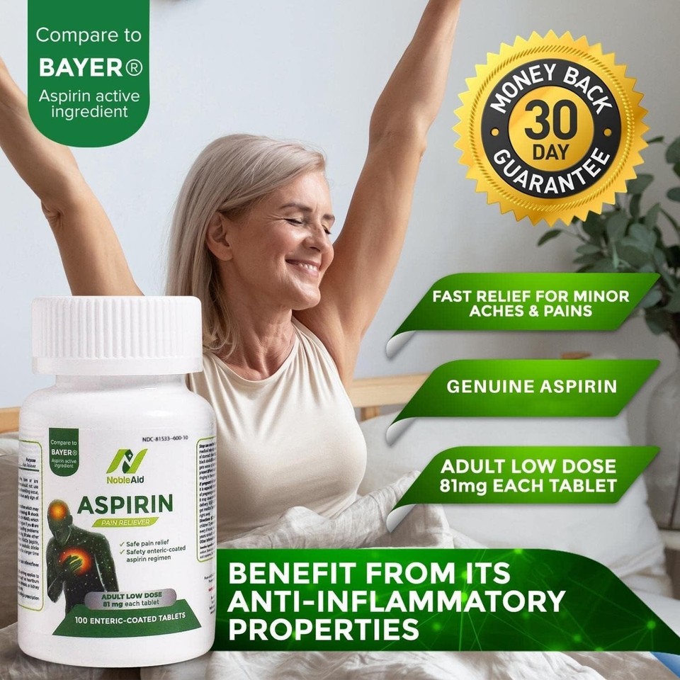 Pure Low Dose Aspirin 81mg for Adults by NobleAid, Enteric Coated Baby