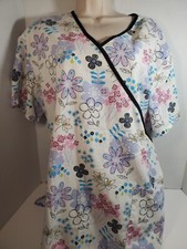 SB scrubs White Floral Pastel Colors Mock Wrap Drawstring Pockets XL Scrub Top