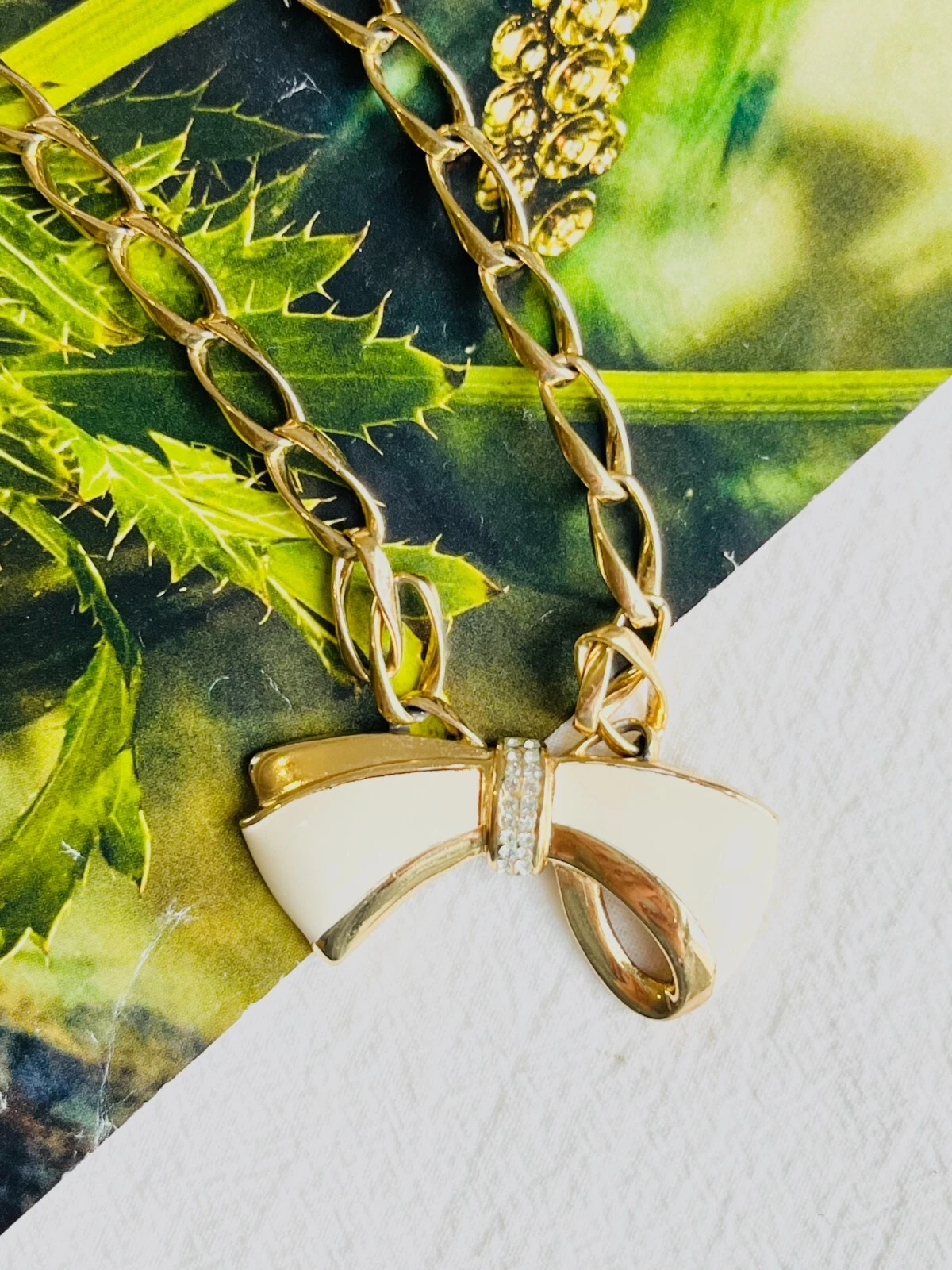 Collana Christian Dior vintage anni 80 nodo beige fiocco cristalli maglia interbloccata