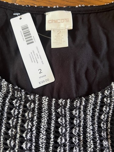 Chico's Size 2 (12) Crochet Hanky Hem Stretch Tank Dress Black & Ecru w/ Belt - Picture 5 of 7