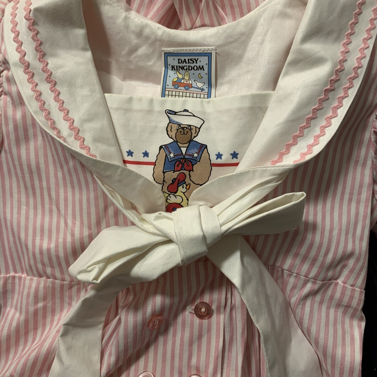 VTG Daisy Kingdom Girls Romper Sz 6x Bib Balloon Style Sailor Bear Bib Stripes