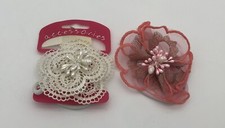 VTG Lace Flower Hair Clip/Elastic Band Cream/Pink Beads Lot of 2
