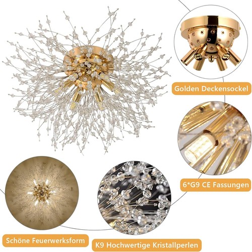 Rayofly Lampadario Camera Da Letto Moderni, Oro, Plafoniera soffitto con cristal - Foto 6 di 9