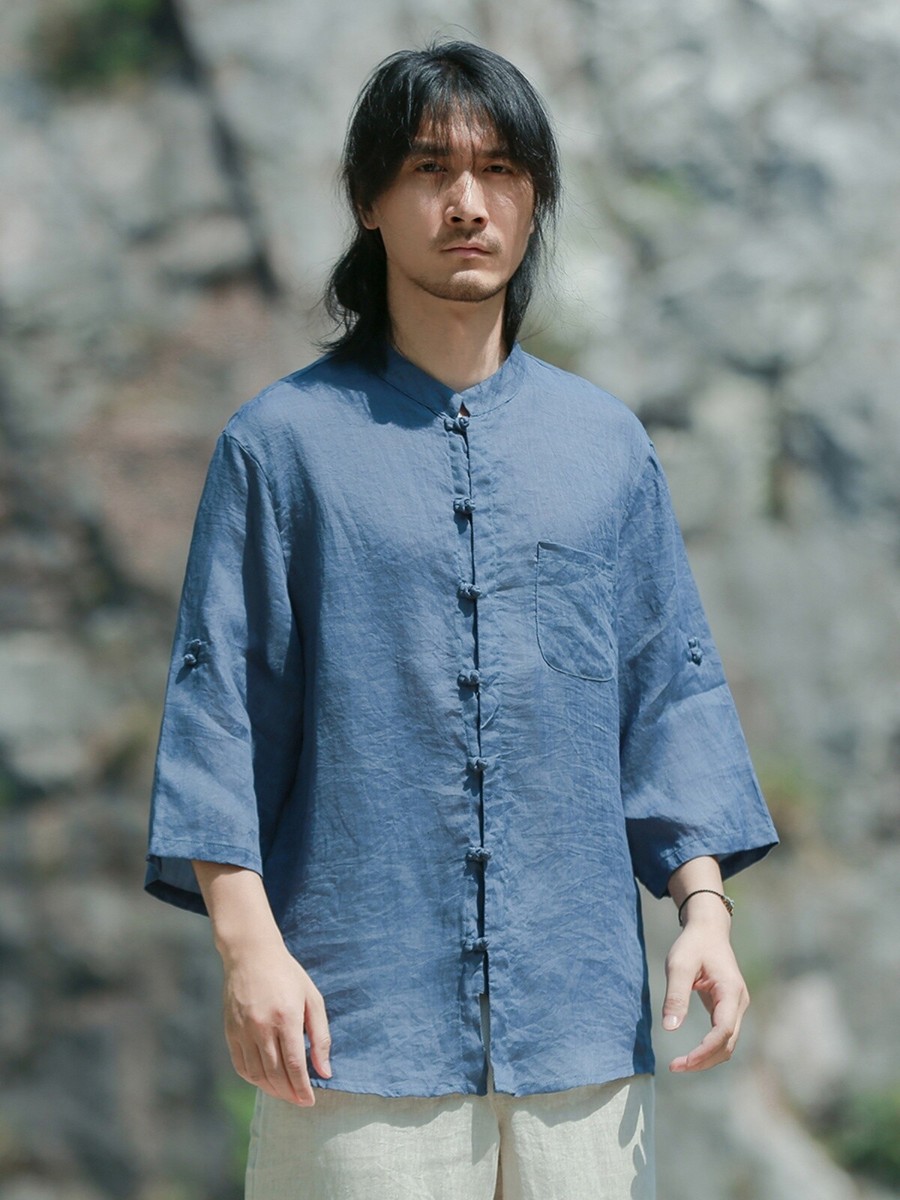 トップス saby - LAPEL SHIRTS - Rayon Ramie - 100% Ramie Shirt Mens Summer Chinese 3/4 Sleeve Loose Button