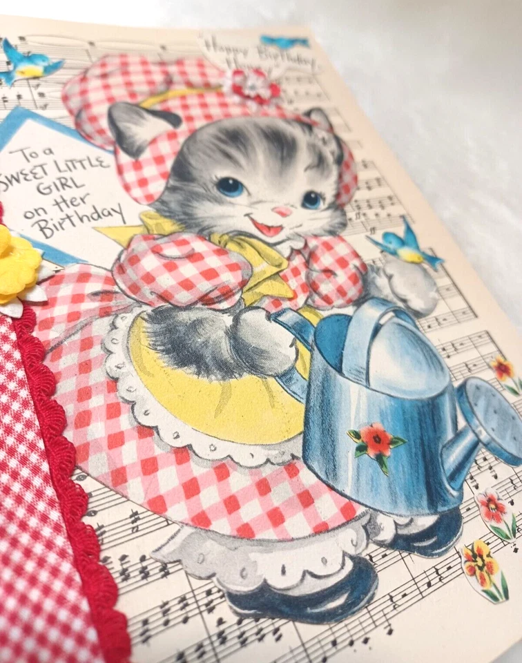 Adorable tarjeta de cumpleaños adornada vintage artesanal ¡ÚNICA EN SU CLASE! Honey Kitten 5x7  Foto 2 de 4