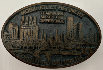 1993 Mobil Joliet Refinery 3.5''x2.5'' Brass Buckle 1-5/8'' Belt Width Made In USA