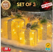 Hourleey Set of 3 Christmas Lighted Gift Boxes, Pre-lit 60 LED Light Up Present 