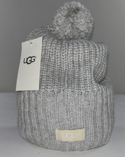 NEW UGG Women's Beanie POM Hat Heather Grey Knit Wool Blend Cardi Stitch 98