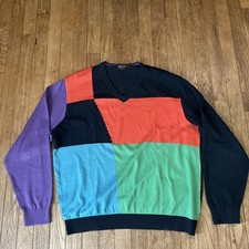 Vintage St Croix Knit V-Neck Geometric 80s Mens Size Large Blue Orange Purple