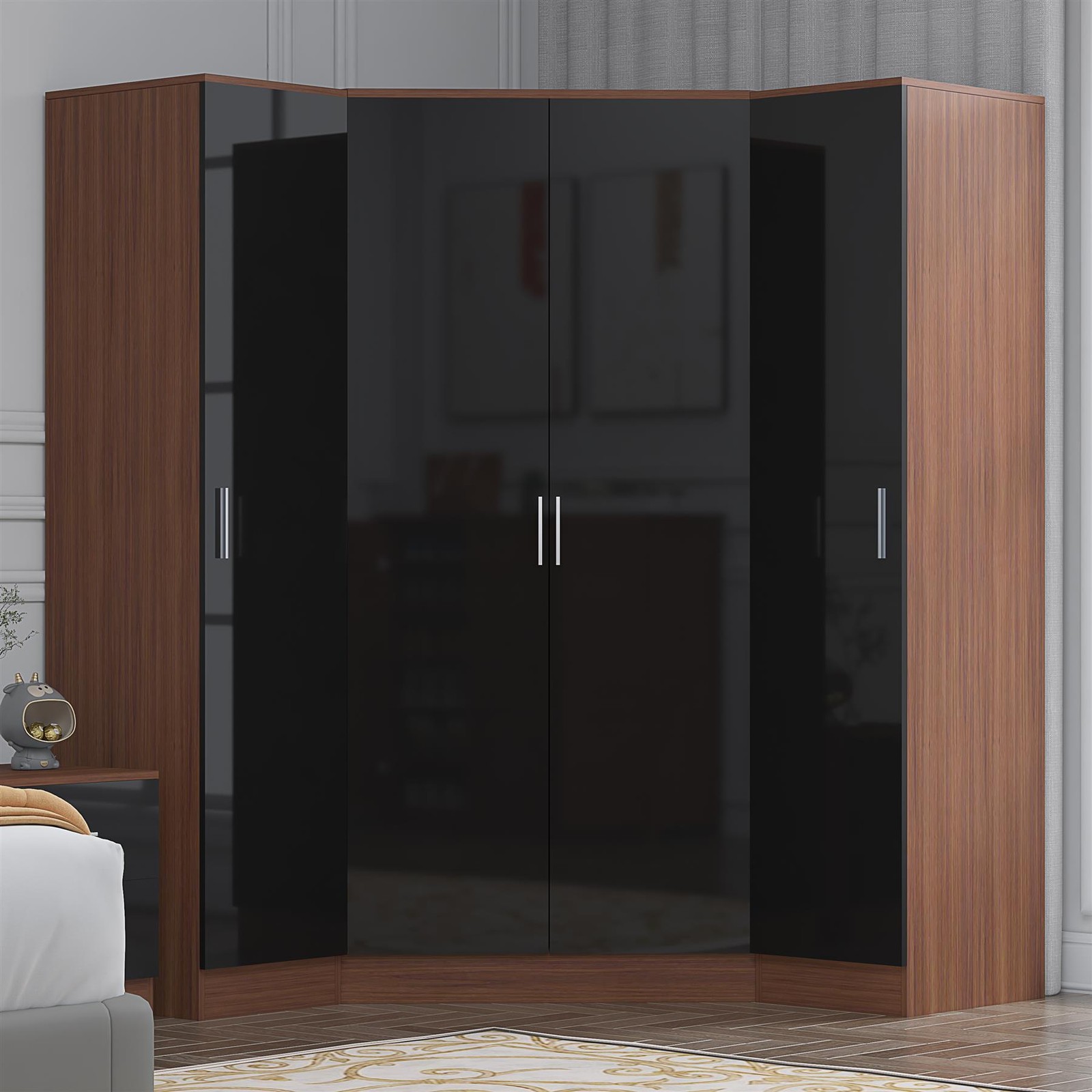 REFLECT Corner + 2 Single Wardrobes - Black Gloss / Walnut Matt Finish