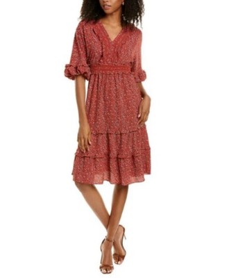 MAX STUDIO Red Floral Chic V-Neck Smocked Empire Waist 3/4 Sleeve Midi Dress L