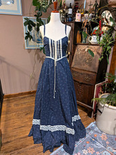 Gunne Sax by Jessica Floral Maxi Dress Sz7 Sweetheart Strappy Lace Lined Blue