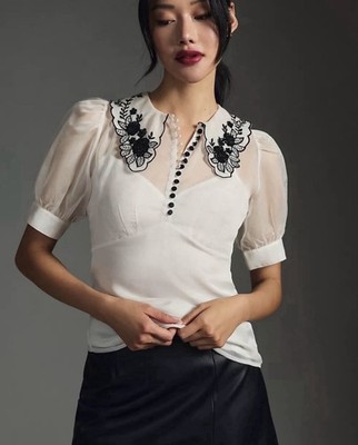 Maeve Anthropologie Sheer Puff Sleeve Size 6 Embroidered Peter Pan Collar Blouse