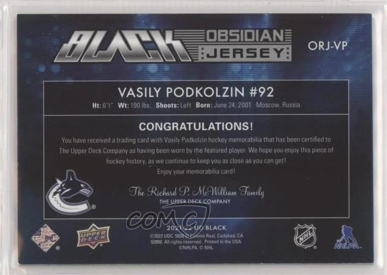 2021-22 SPx UD Black Obsidian Rookie Jersey /399 Vasily Podkolzin #ORJ-VP RC - Image 2 of 2