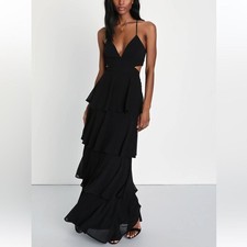 Lulus Tier and Now Black Tie-Back Tiered Maxi Dress Size Medium