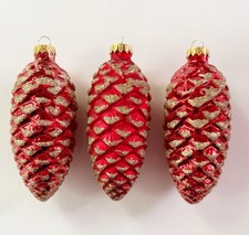 3 Vintage Christmas Red Blown Glass Pinecone Ornaments Gold Glitter 4.5