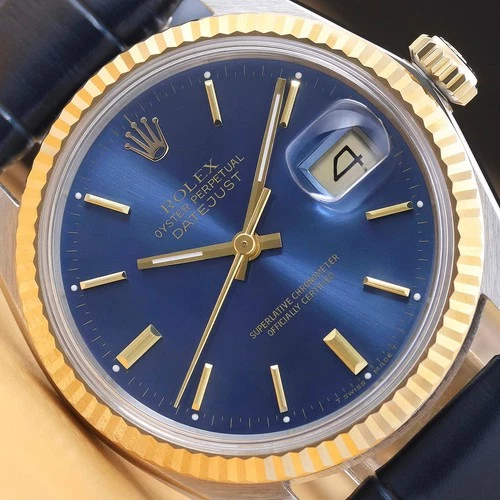 ROLEX MENS DATEJUST 16013 18K GOLD STEEL BLUE DIAL WATCH w/ BLUE LEATHER BAND