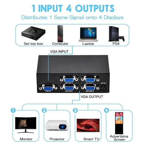 1x4 VGA Splitter 1 In 4 Out for Video Screen 1 PC To 4 VGA Monitor/Projector - Photo 7/12