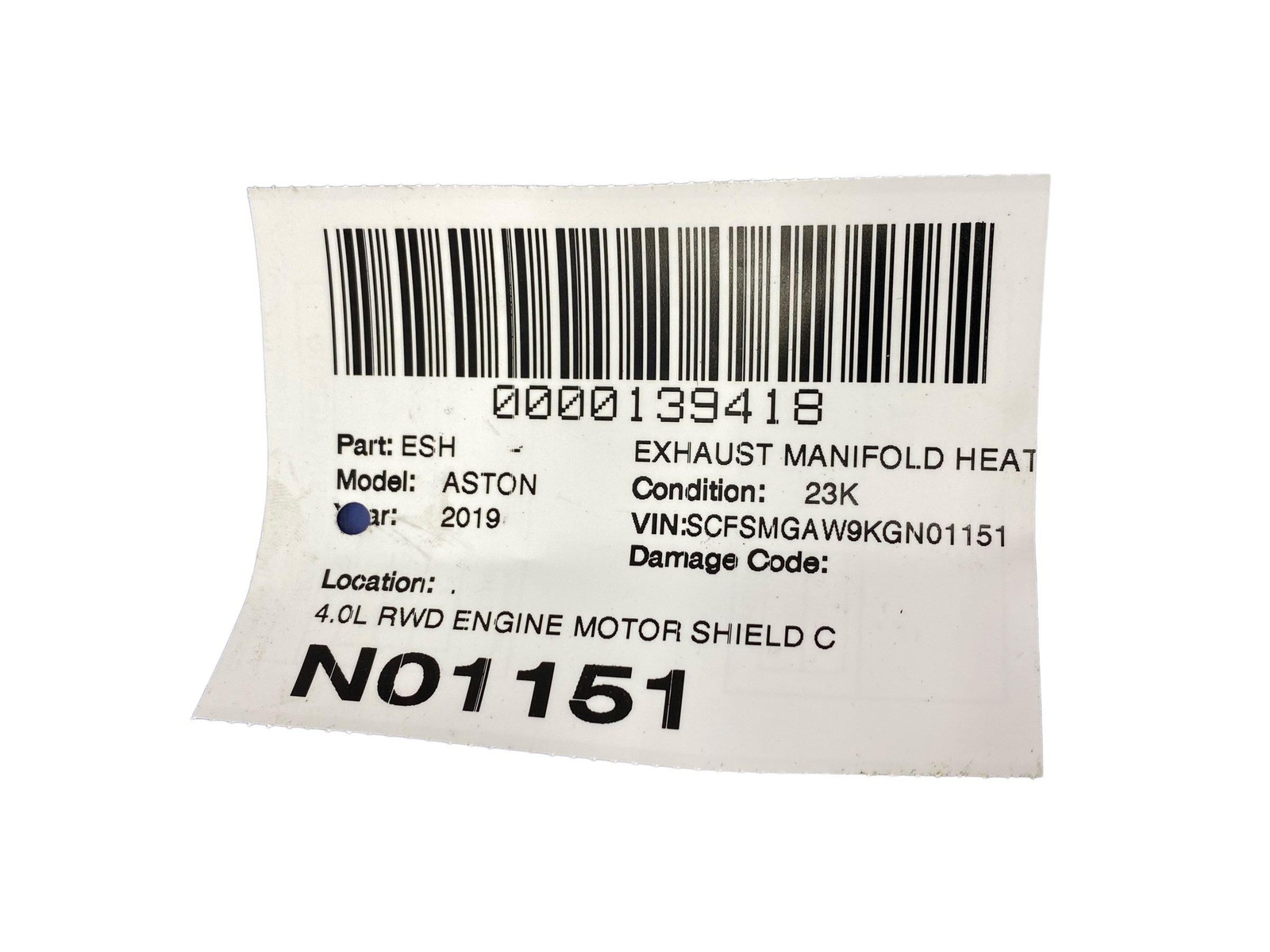 2018 - 2023 ASTON MARTIN VANTAGE OEM 4.0L RWD ENGINE MOTOR SHIELD COVER PANEL