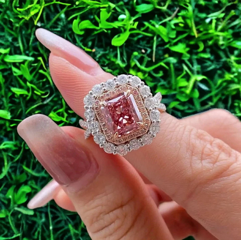 Anillo de diamantes de zafiro rosa natural talla esmeralda de 4,00 quilates de oro blanco de 14 quilates talla 7 Foto 4 de 4